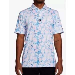Bad Birdie Coachella men's short-sleeve golf polo shirt Blue & Pink Floral Sz M